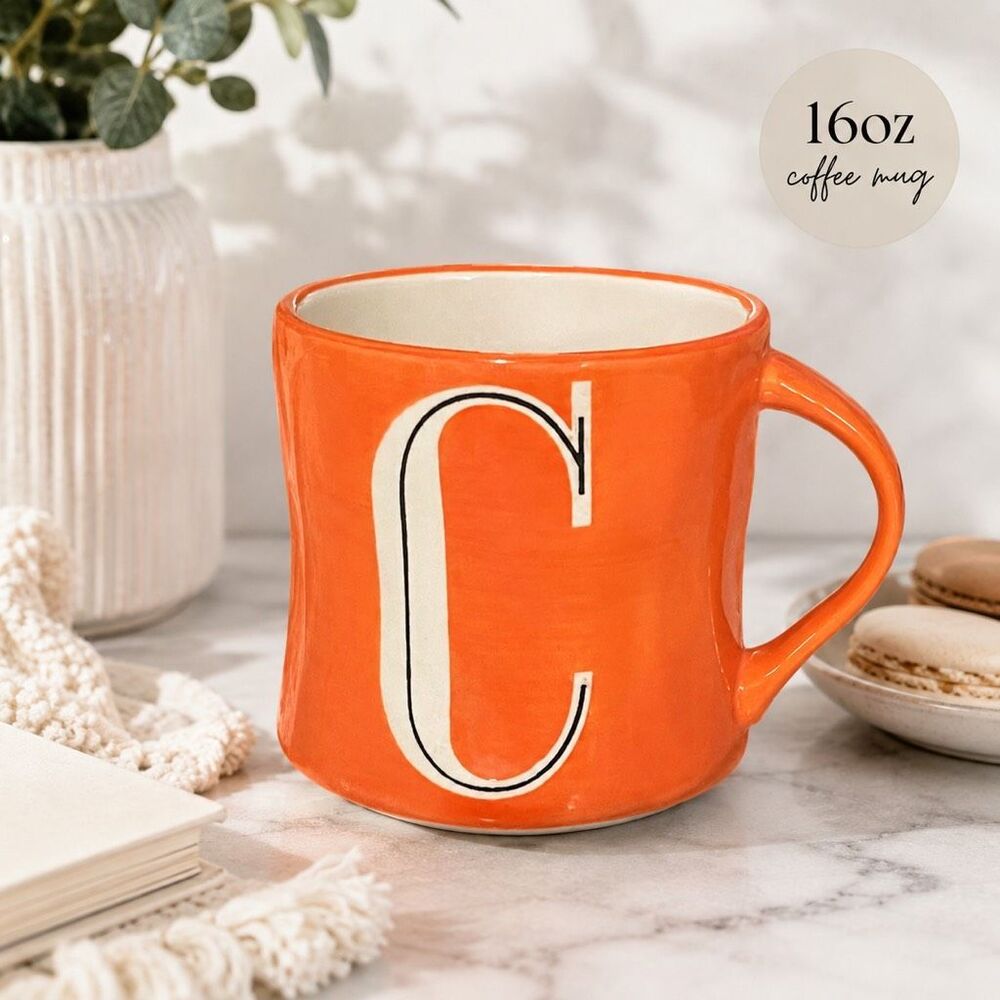 Anthropologie Hand Painted Orange Monogram C Ceramic Coffee Mug 16 oz
